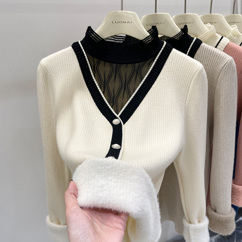 Fake two-piece half turtleneck plus velvet thickened sweater for women, one-piece velvet winter mesh bottoming shirt with spliced ​​inner top for women