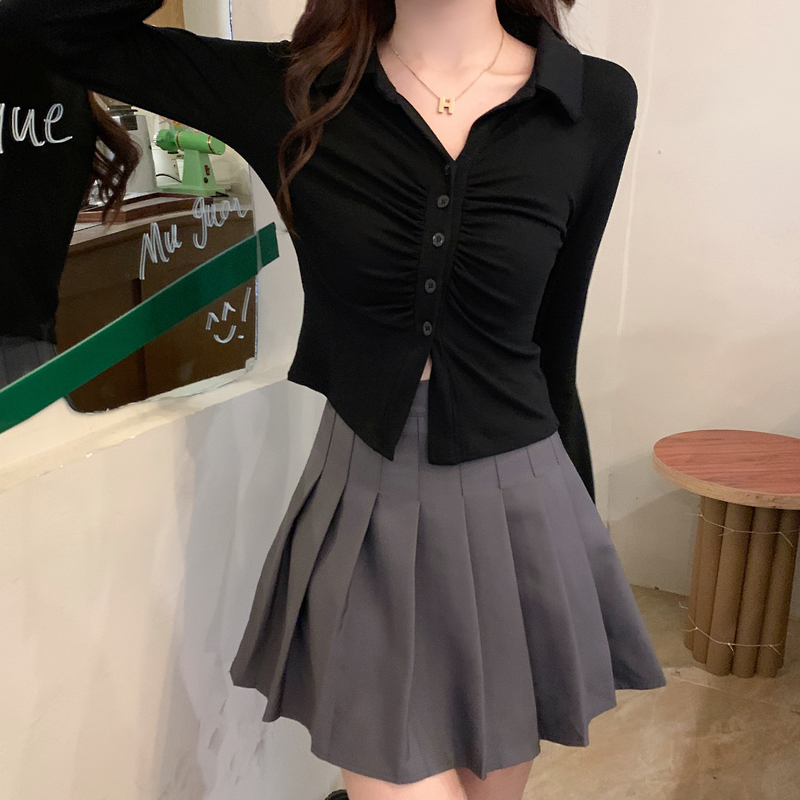 Actual shot ~ new autumn and winter women's design pleated long-sleeved T-shirt slimming slim small lapel pure lust style short top