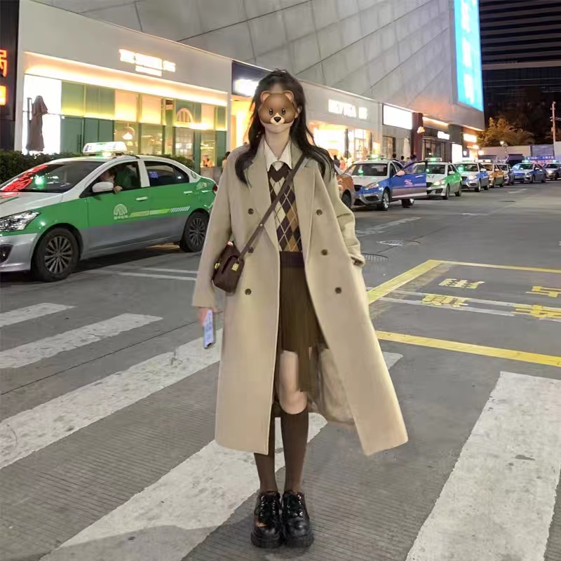 有燙 大鈕 360克 長款毛呢大衣女秋冬季英倫風外套小個子高級感