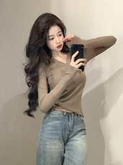 Real shot~Basic brushed small v-neck slim fit inner long-sleeved T-shirt for autumn and winter