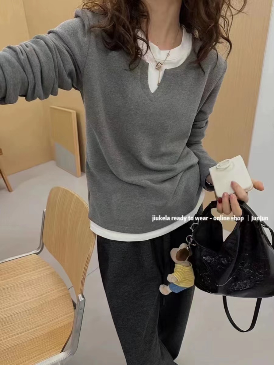 歐洲站2023秋冬新款打底衫女加厚磨毛假兩件設計感圓領長袖T恤潮