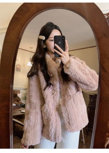 Short style small fragrant horn button winter lamb plush velvet jacket women's new style small person autumn and winter versatile