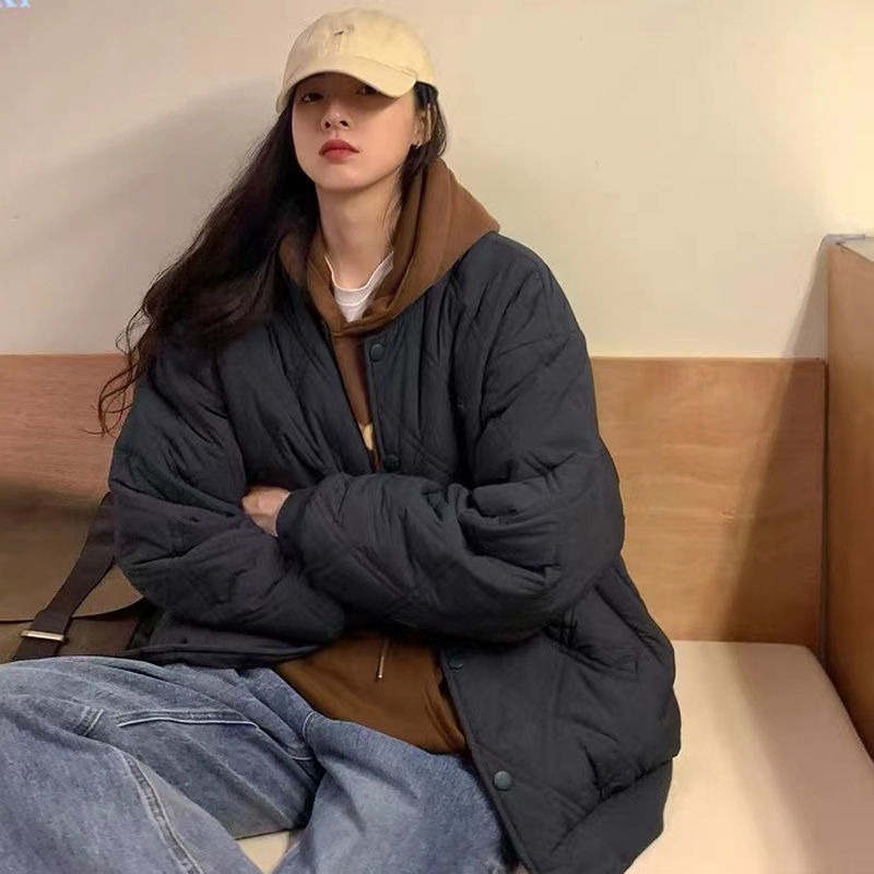 American retro diamond check baseball uniform winter new cotton thickened jacket women's loose Korean style student versatile trendy