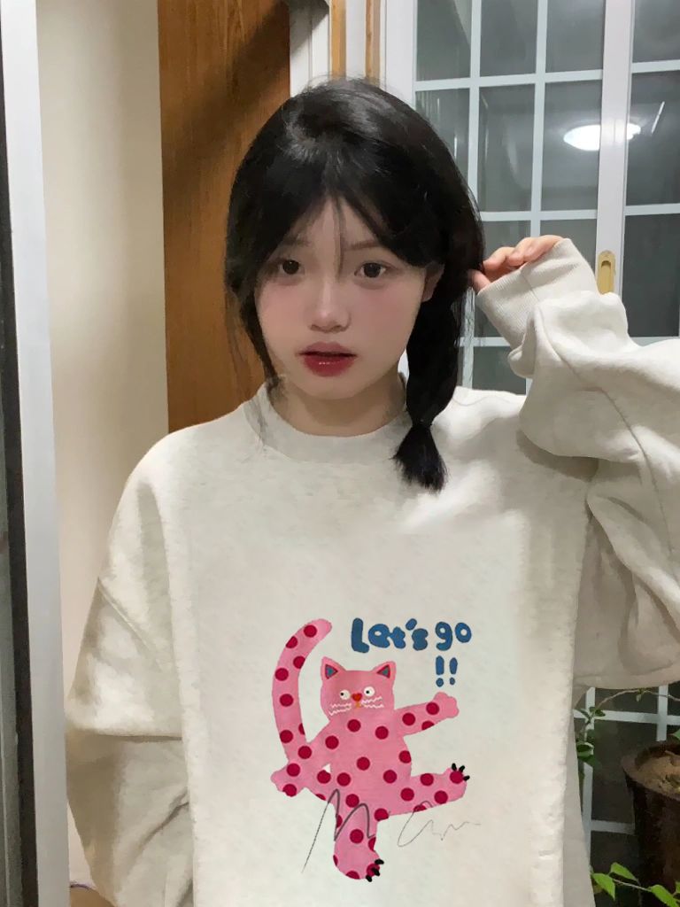卡通印花無帽衛衣女長袖秋冬新款寬鬆bf慵懶風T恤加厚學院風上衣