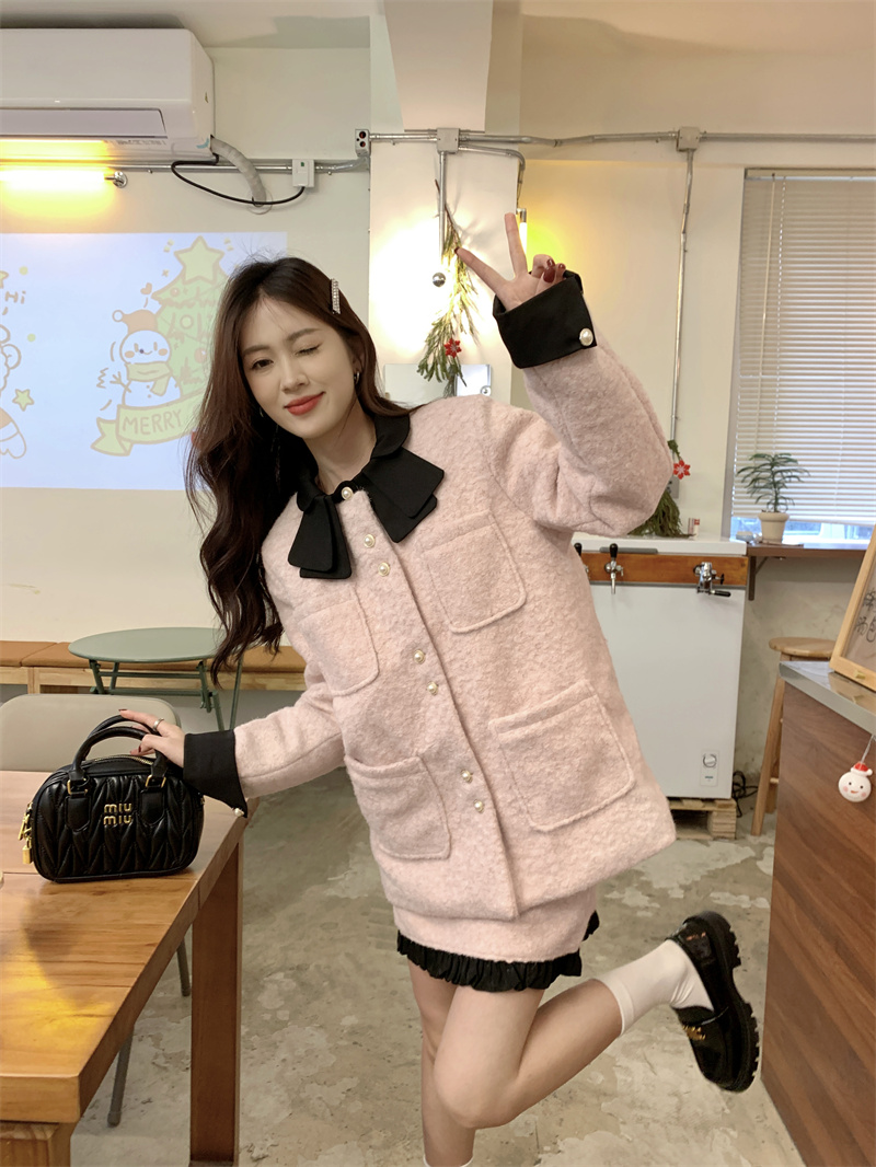 實拍 初冬暖陽套裝百搭減齡甜美小香風上衣+半身裙