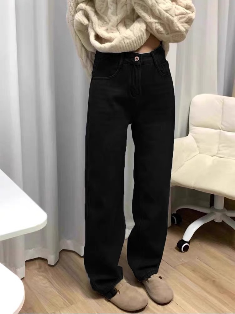 加絨黑色直筒牛仔褲女冬季新款加厚高腰顯瘦梨形身材窄版闊腿褲子