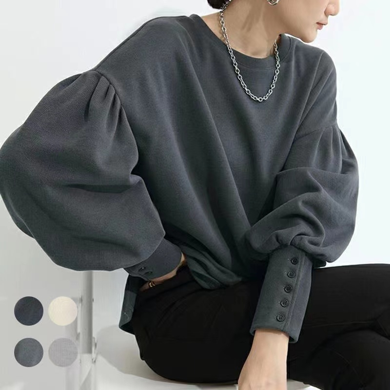 秋冬日系純色女開叉寬鬆打底洋氣燈籠袖圓領長袖上衣大碼