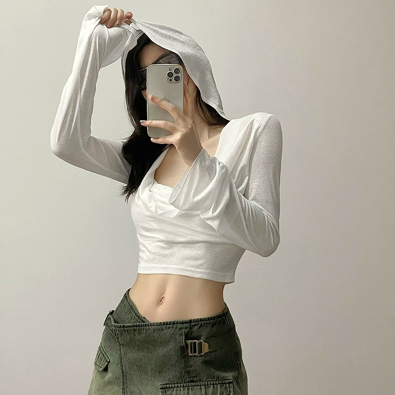 Official photo Cool hot girl style sexy hooded t-shirt for women, thin design, short navel top, versatile