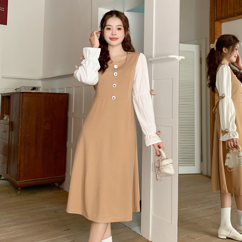 Actual shot of 2024 spring plus size women's retro square collar bow tea break French slim dress