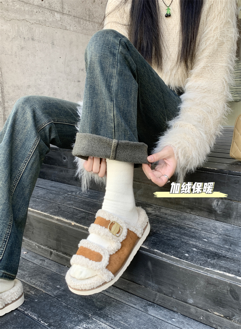 實拍 秋冬磨毛抓絨加厚新款彈力高腰微喇修身顯瘦長牛仔褲女