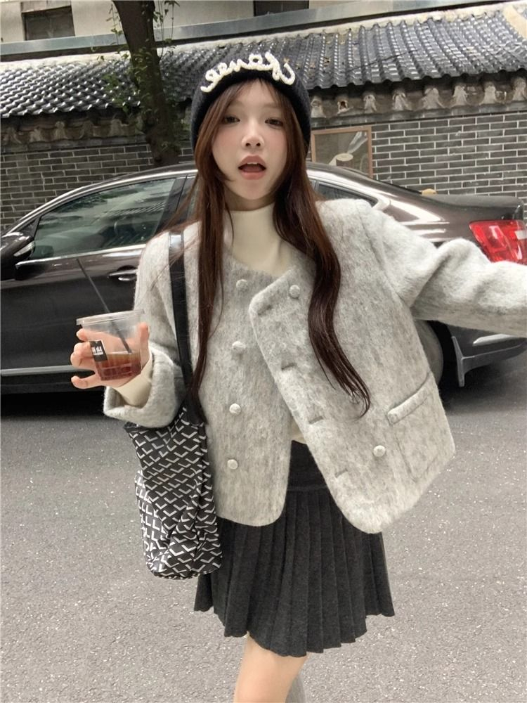 小香風毛呢外套女裝秋冬2023新款雙排扣夾棉加厚短款洋氣長袖上衣