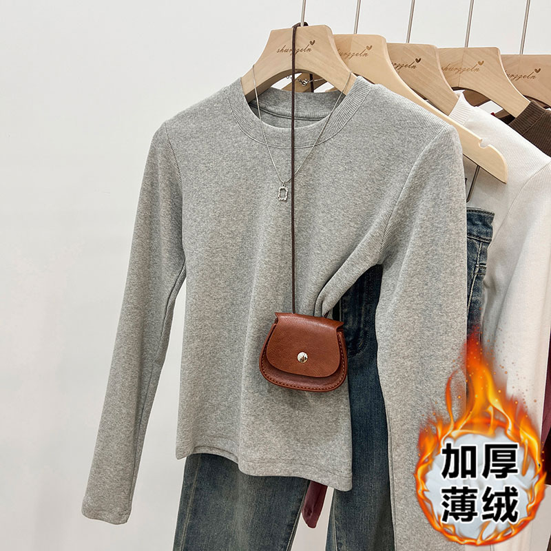實拍基礎款圓領磨毛打底衫女秋冬季長袖t恤保暖修身短款上衣