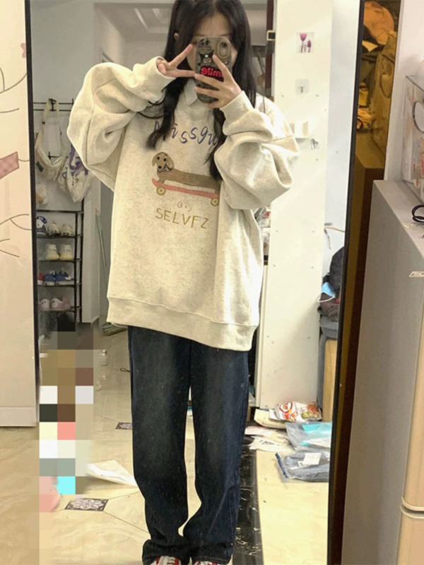 灰白色無帽衛衣女秋冬季2023新款圓領寬鬆慵懶風加絨加厚上衣