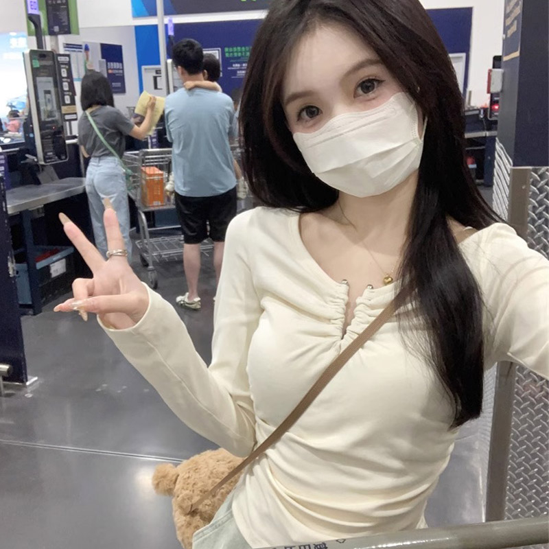 純欲長袖打底T恤女秋季韓版褶皺設計感修身顯瘦內搭上衣