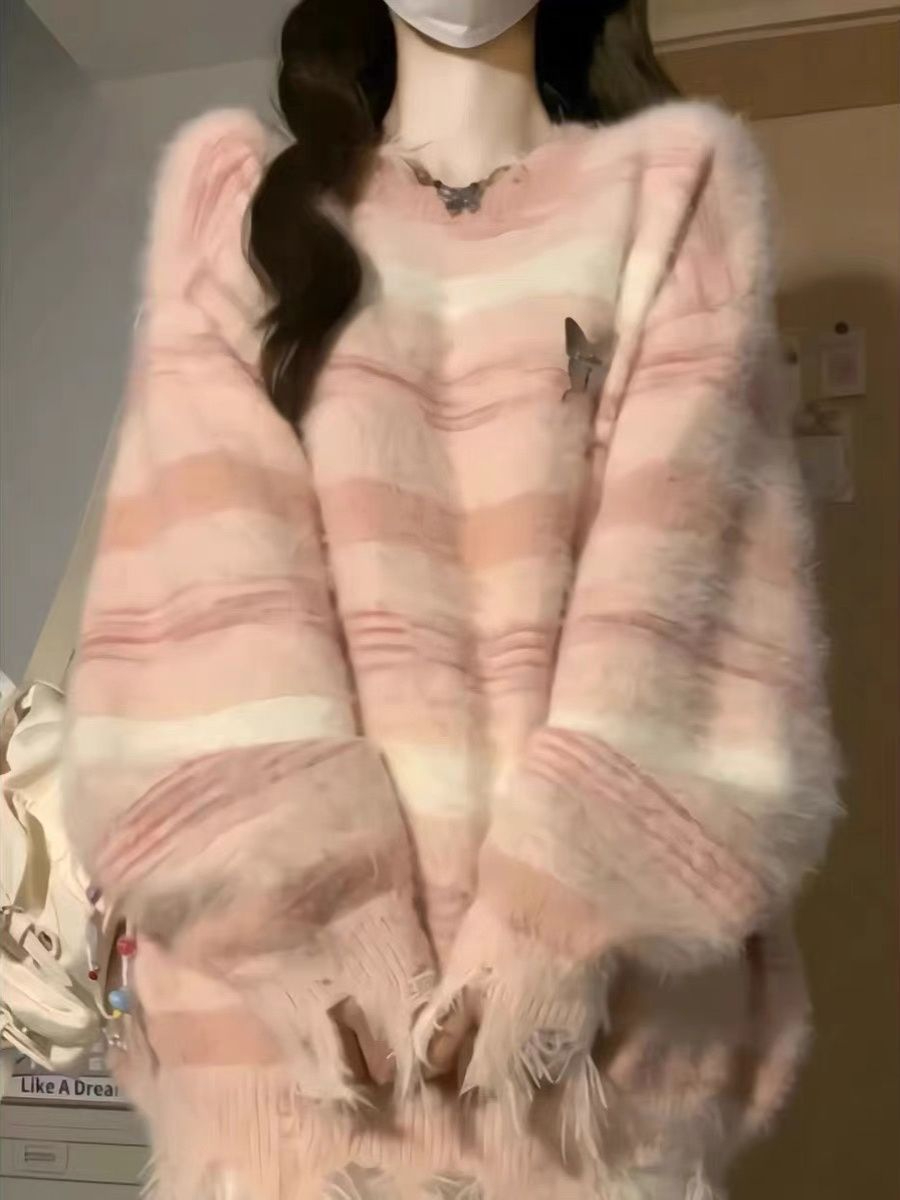 199#軟糯日系奶fufu條紋寬鬆慵懶風冬季仿水貂毛毛衣女針織衫