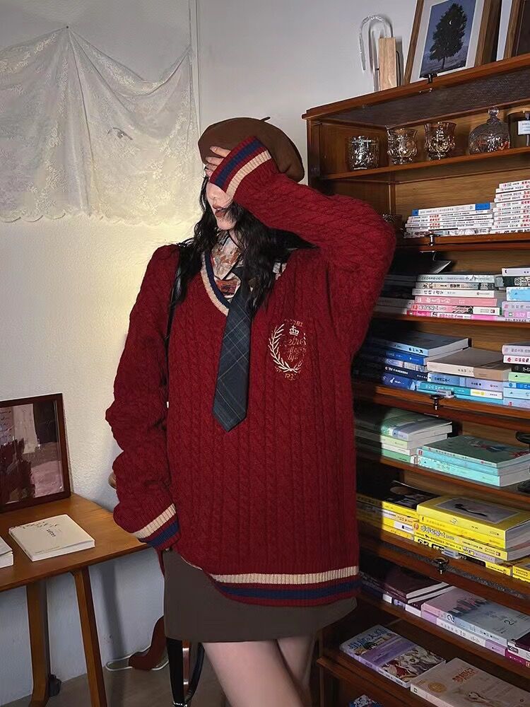 復古慵懶風刺繡V領針織毛衣女2023秋季休閒外套潮