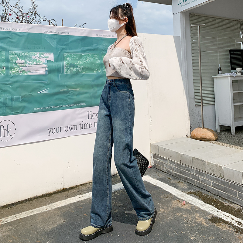 復古百搭高腰寬鬆直筒牛仔褲女2023秋冬新款時尚百搭牛仔闊腿褲