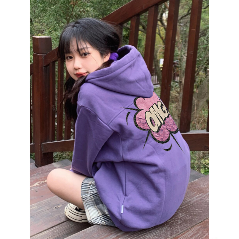 紫色高級感連帽衛衣女秋冬加絨加厚小個子美式復古寬鬆慵懶風上衣