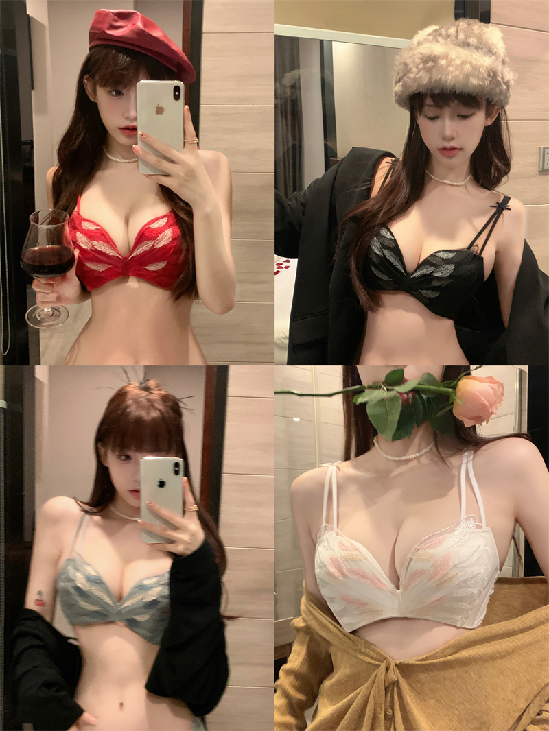 Real shot of big red zodiac year feather sexy lace underwear push-up no wire bra set