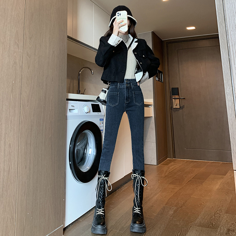 實拍2024早春新款高腰小腳彈力牛仔褲女修身鉛筆小腳長褲子