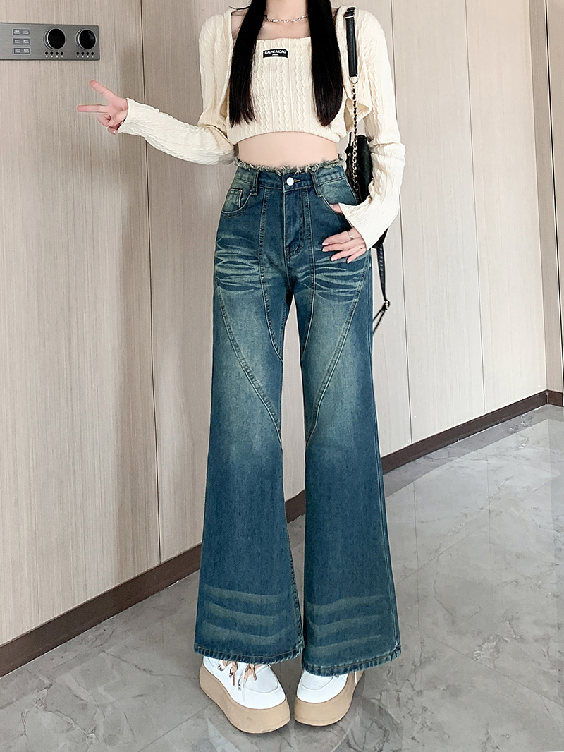 Actual shot~ Washed distressed raw edge high-waisted long pants for hot girls to look slim retro wide-leg slightly flared jeans