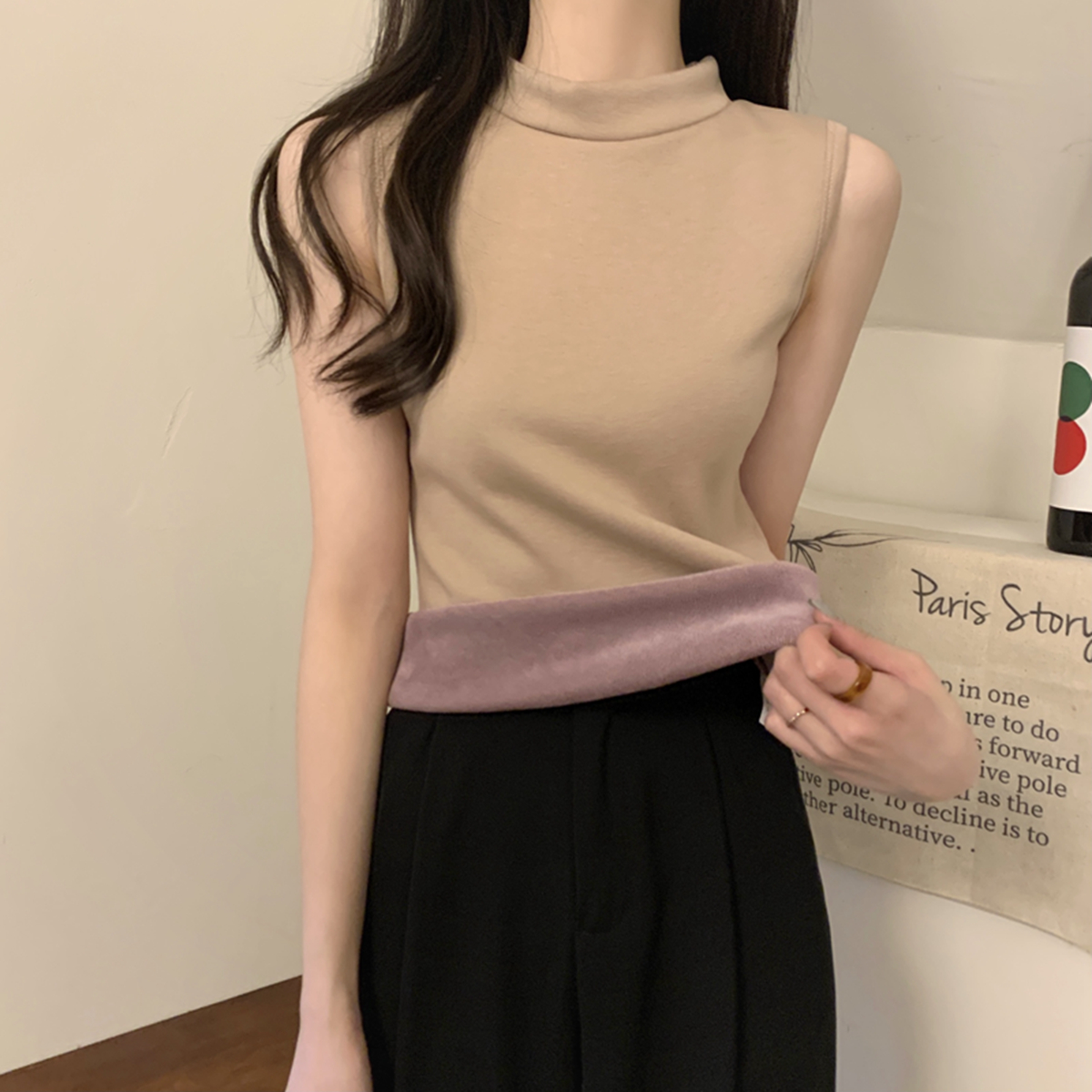 實拍 秋冬韓版修身半高領加絨加厚純色內搭保暖打底女T恤背心