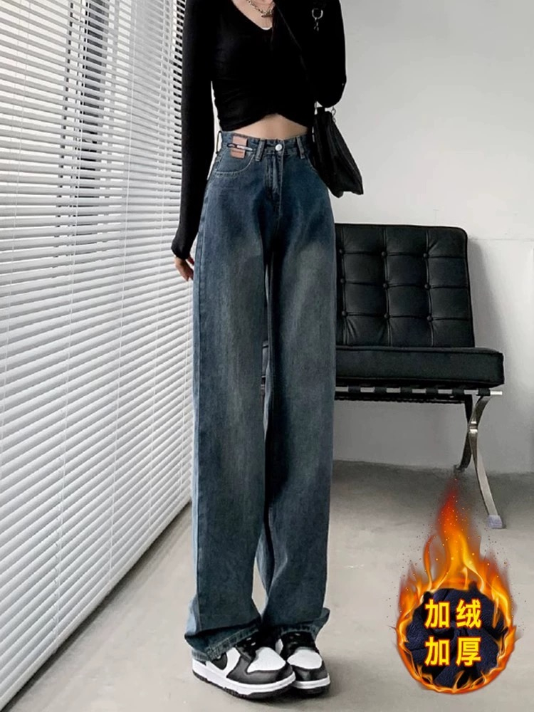 復古藍闊腿牛仔褲女2023新款加絨高腰寬鬆顯瘦直筒拖地褲子秋冬季