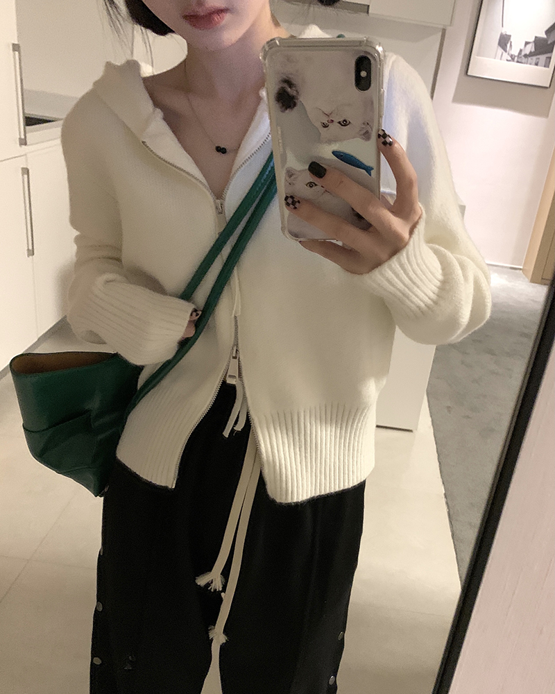設計感雙拉鏈連帽針織衫女短款毛衣外套百搭大碼微胖顯瘦上衣開衫