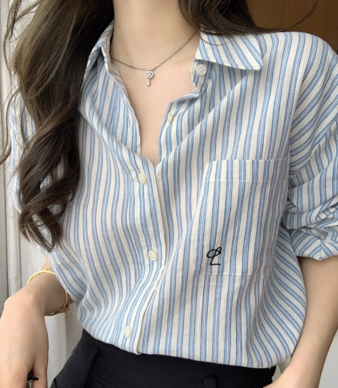 Lilylikes—「Lily男友襯衫」軟綿oversize廓形口袋刺繡條紋襯衫