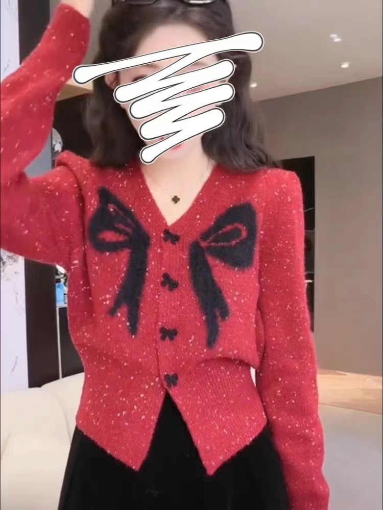 小香風女士新款2023甜美設計感外套蝴蝶結V領上衣修身顯瘦辣妹