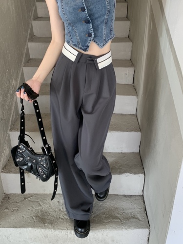 Hong Kong Style Gray Cuffed Suit Pants Women's Summer High Waist Drape Floor-Mapping Pants Casual Wide Leg Pants
