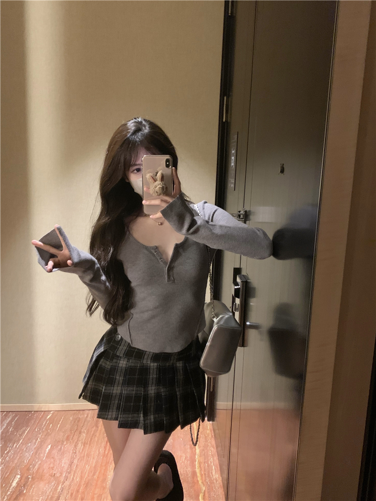 實拍~開叉打底衫V領加厚修身顯瘦套頭小眾氣質針織衫女