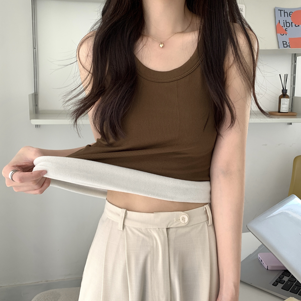 實拍 秋冬韓版修身加絨加厚內搭純色無袖打底背心女T恤