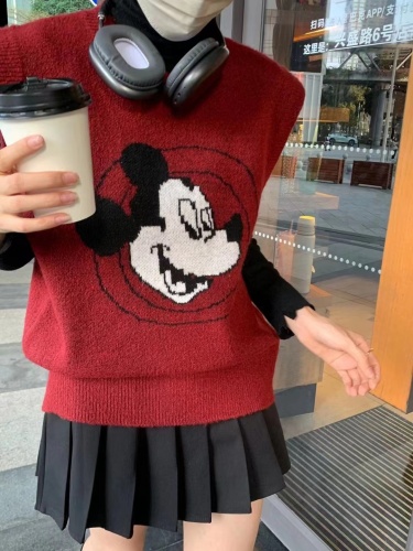 2024 early spring new Korean version cartoon age-reducing Mickey jacquard knitted vest pullover sweater vest cardigan for women