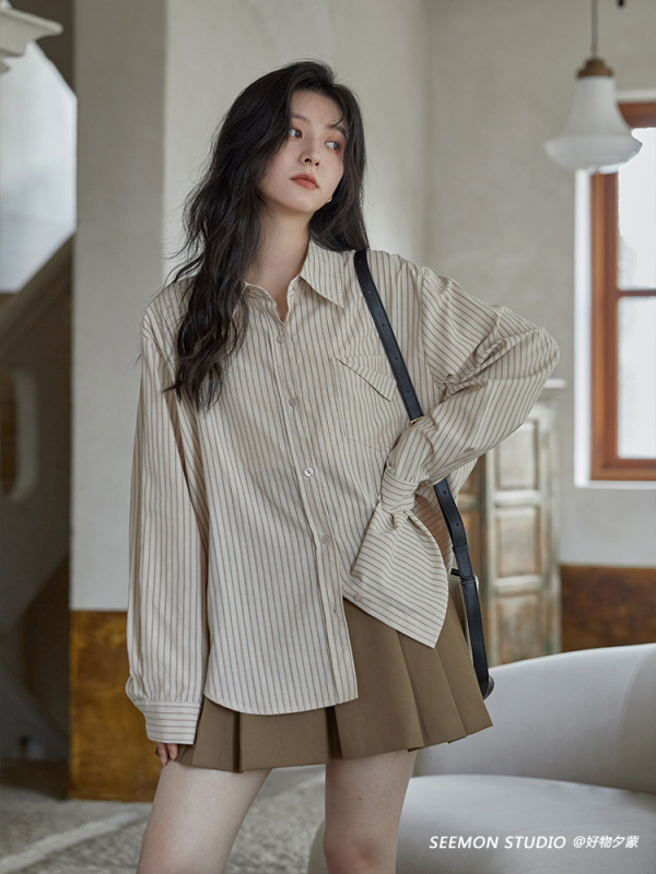 Ximeng 2024 new spring thin style small design niche striped French long-sleeved shirt top jacket for women