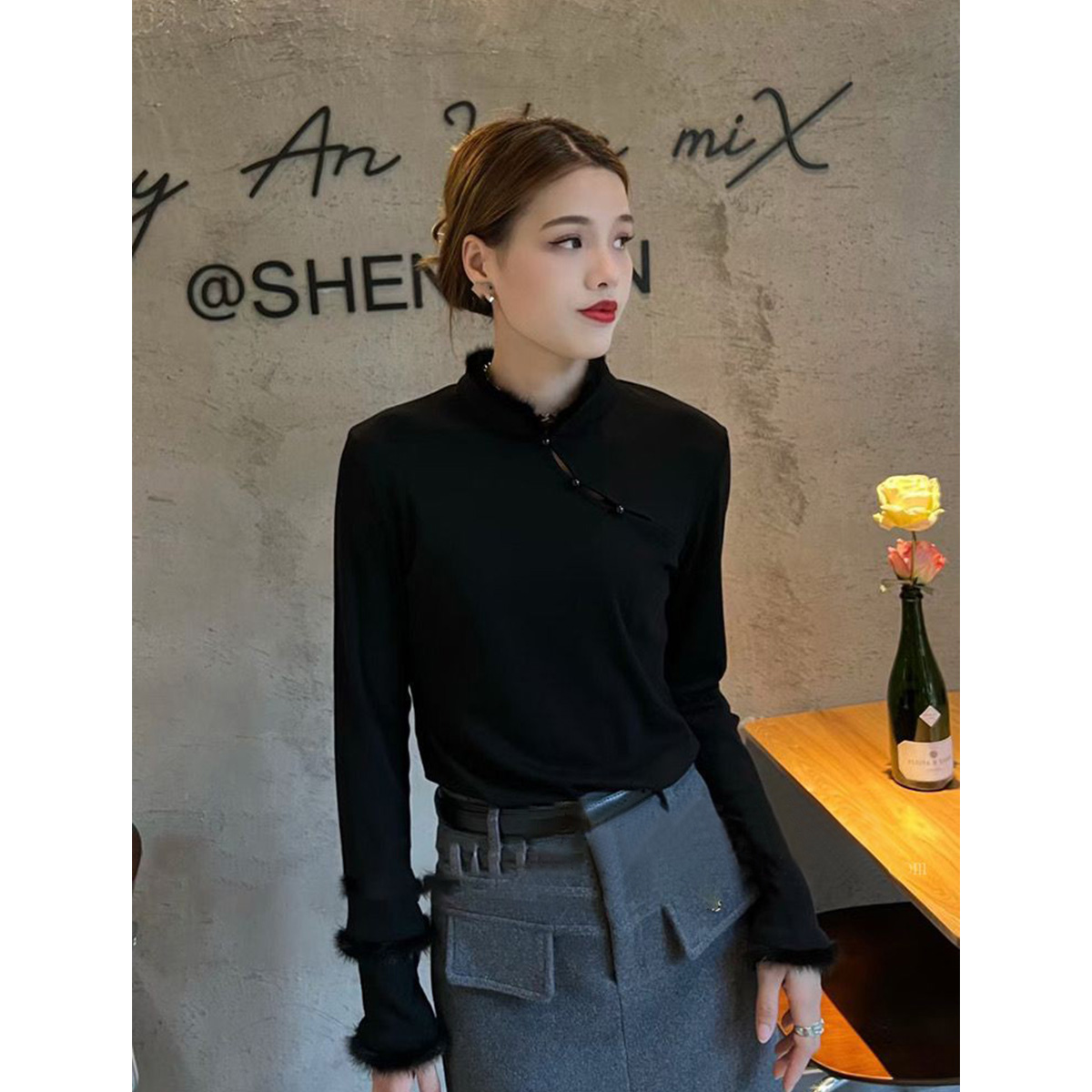 質檢官圖新中式時尚洋氣半高領長袖襯衫女秋冬新款修身百搭上衣