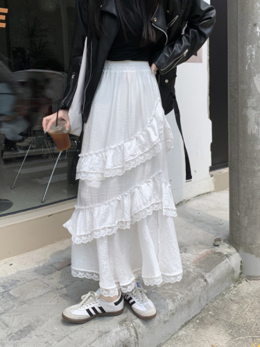 Moonlight Girl Lace Splicing High Waist Slim Skirt Women's Autumn White Irregular Fishtail Skirt Long Style
