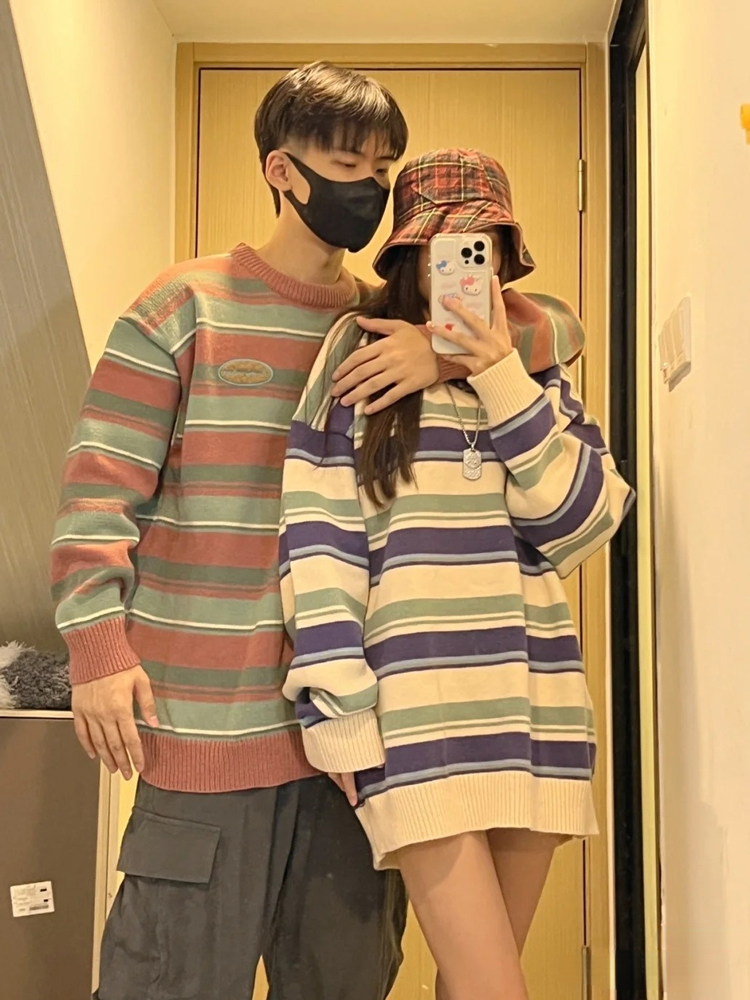 奶fufu的毛衣oversize慵懶風日系復古美式條紋情侶百搭小眾針織衫
