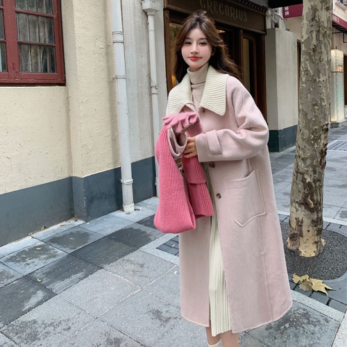 Pink woolen coat for women winter 2023 new thickened Korean style small medium-length high-end woolen coat