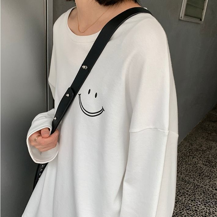 長袖t恤女秋季韓版笑臉印花圓領寬鬆女士外貿打底衫學生上衣