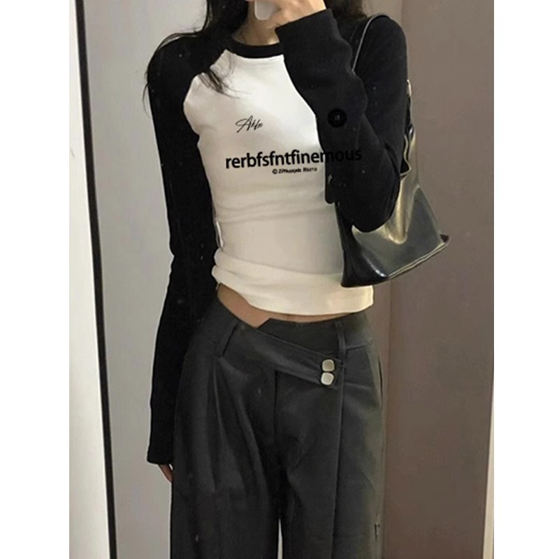 包肩包領短款插肩長袖T恤女早秋季新款拼接撞色內搭打底上衣