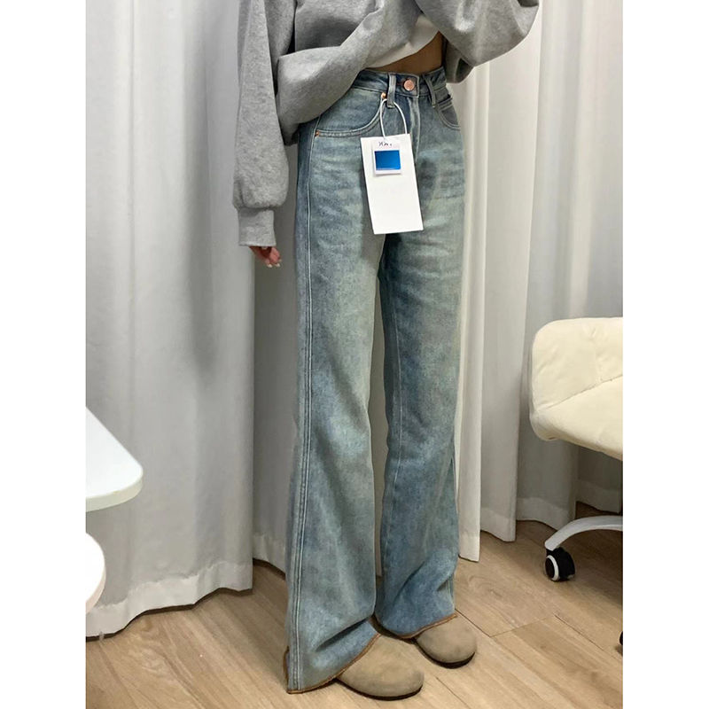 美式高腰加長版微喇牛仔褲女秋冬ins新款顯瘦毛邊闊腿拖地褲子潮