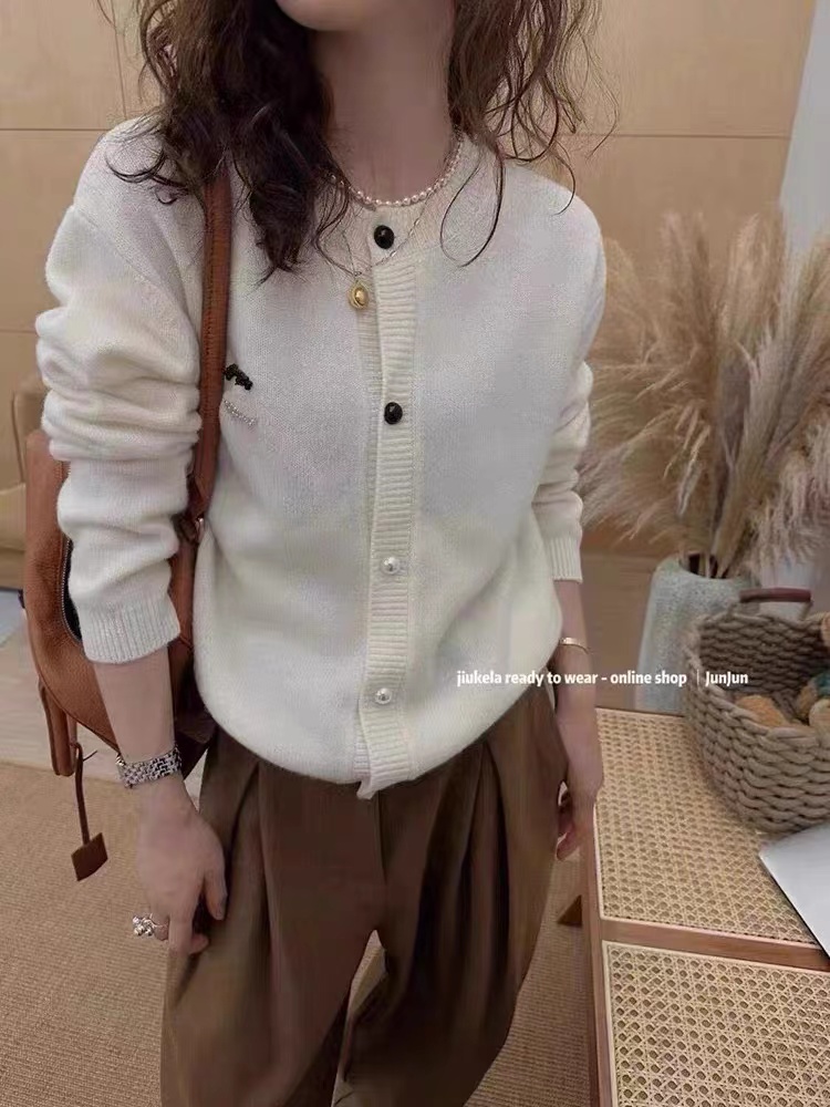 小香風羊毛釘珠針織開衫女歐洲站百搭減齡毛衣外套潮