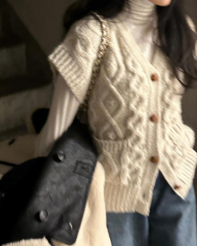 韩国chic冬日气质叠穿单排扣麻花针织背心女毛衣马甲保暖外套