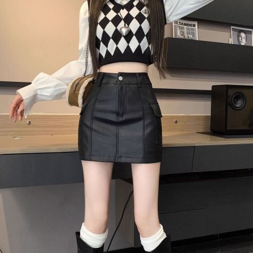 Retro Hot Girl A-Line Workwear PU Leather Skirt Women's Autumn and Winter 2023 New High Waist Slim Versatile Chic Skirt