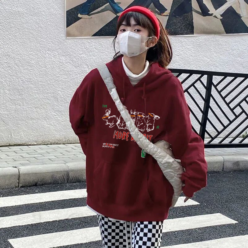 oversize美式復古兔年本命年酒紅色情侶秋冬季加絨連帽衛衣女外套