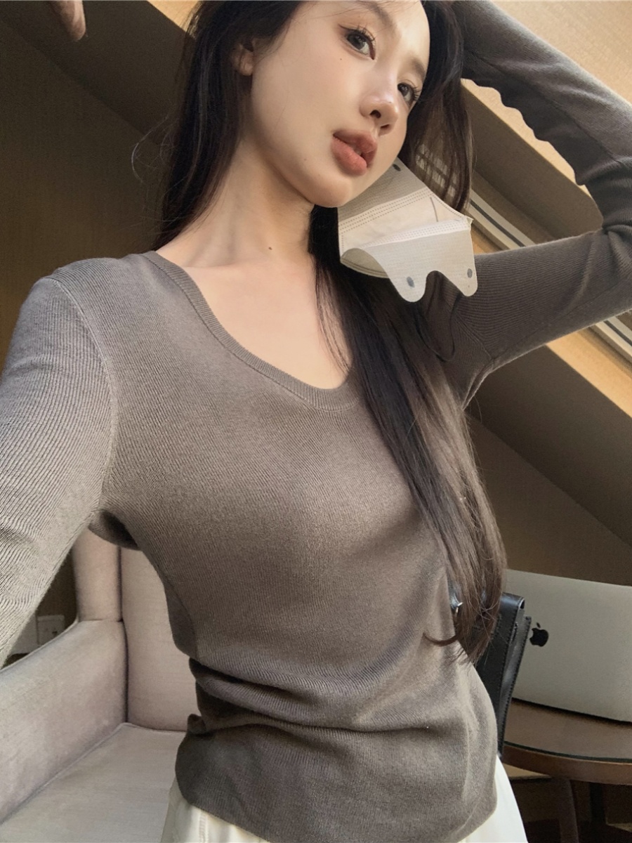 純色長袖針織打底衫女秋季2023新款v領套頭百搭毛衣修身內搭上衣