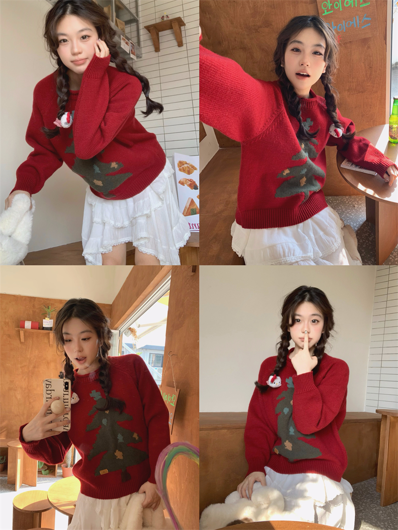 實拍 冬季超可愛卷邊針織衫甜美聖誕樹毛衣