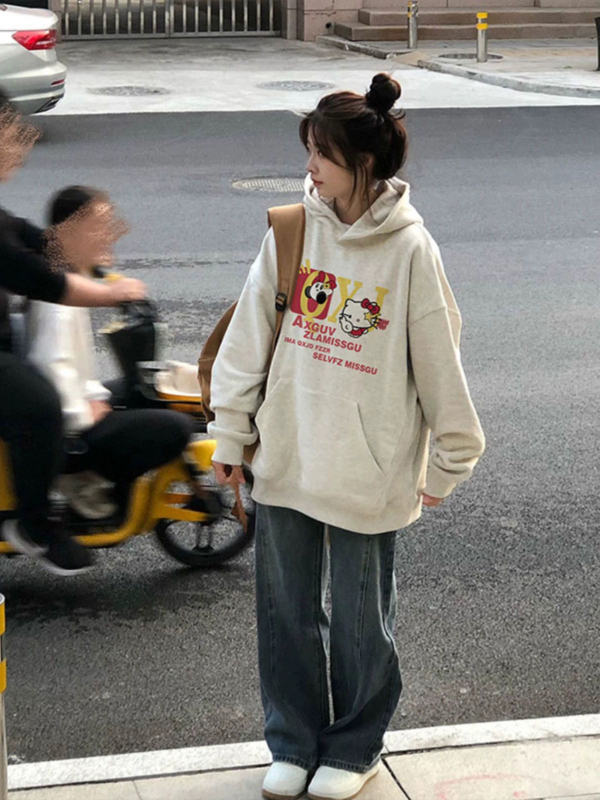 冬季美式高街重磅外套加絨加厚連帽衛衣女2023新款灰白色上衣女