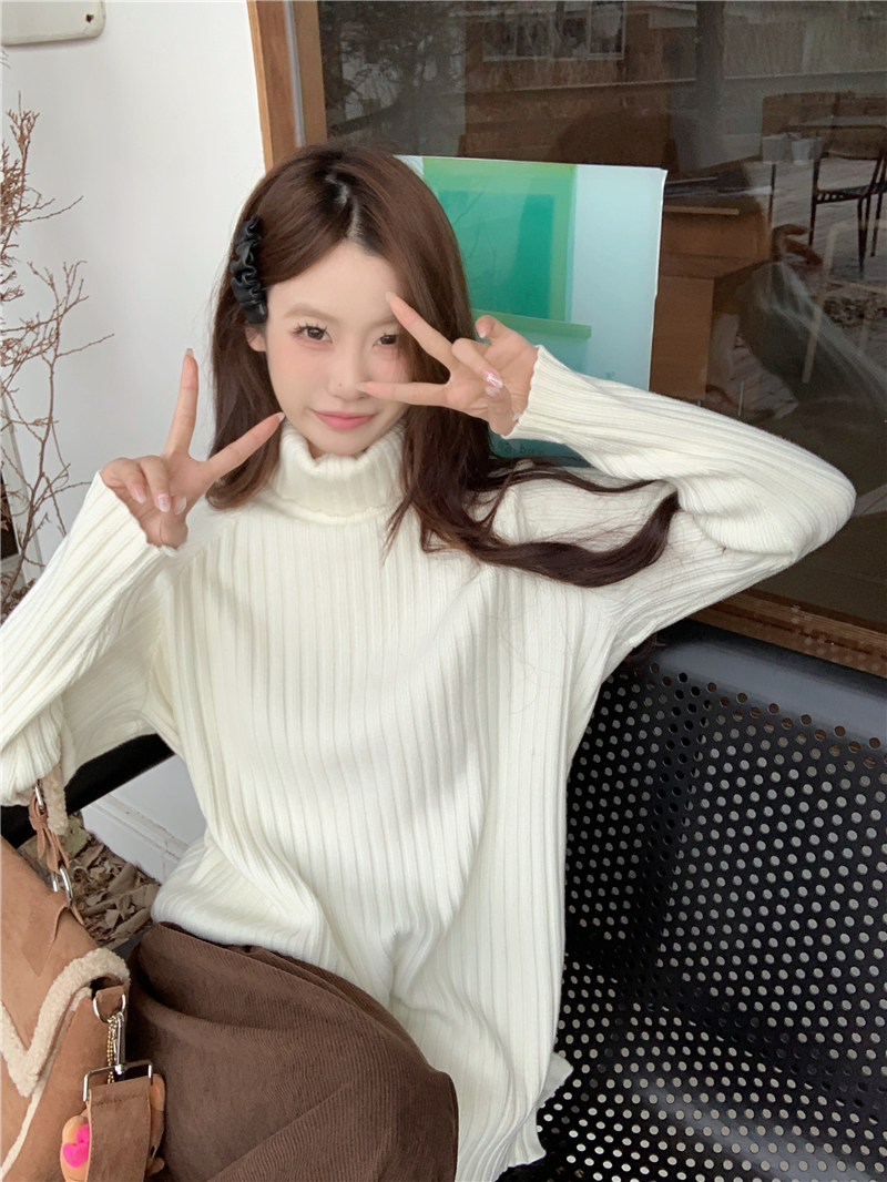實拍~韓版美拉德慵懶高領中長款寬鬆彈力加厚毛衣 14色
